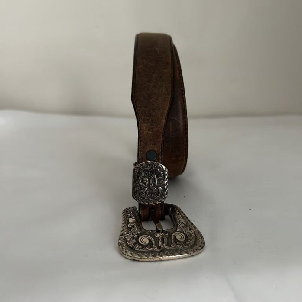 Vintage 1993 Justin Belt Sz 28 Brown Leather Western Cowboy Ornate Buckle USA